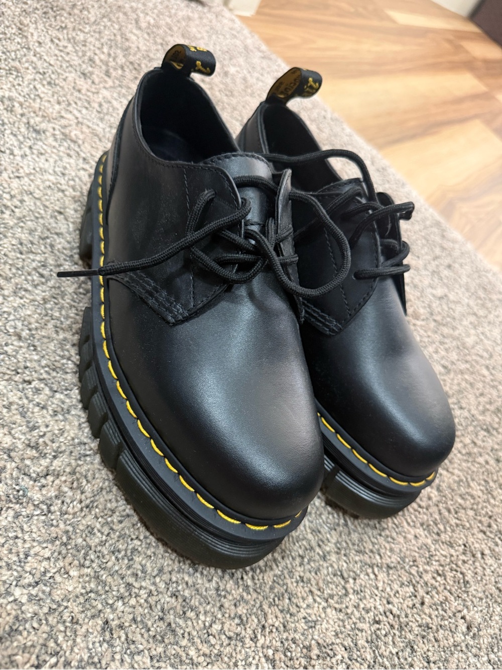 Dr. Martens Black Leather Platform Lace-Up Shoes with Yellow Stitching